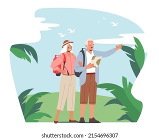 Ancianos viajando buscando bien en el país tropical. Personas de edad avanzada en el extranjero. Personajes principales de parejas de turistas con mochilas viendo el mapa en la jungla. Ilustración del vector de dibujos animados