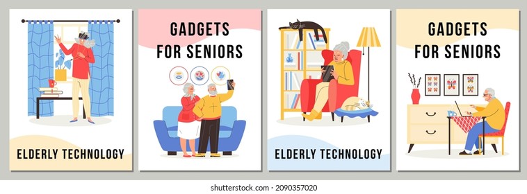 Elderly people use modern gadgets to improve their lives, communicate with relatives and for everyday affairs. Set of vector flat illustrations.