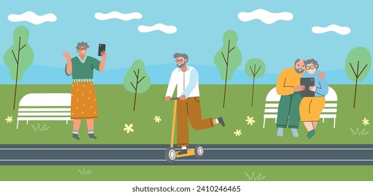 Elderly people use modern gadgets in city park. Seniors with devices, taking selfies, chatting in video, riding scooter. vector illustration.eps
