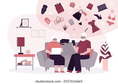 Elderly people uses smart gadgets for lot of online purchases. Grandparents online shopping. Technology of e-commerce. Convenient shopping process in mobile application. Room interior. flat vector