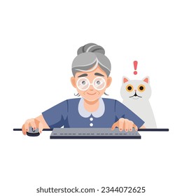Elderly people using computer concept. Programmer tester female character cartoon illustration. Elderly woman at computer. Grandmother with pc, laptop. Flat vector illustration isolated on white.