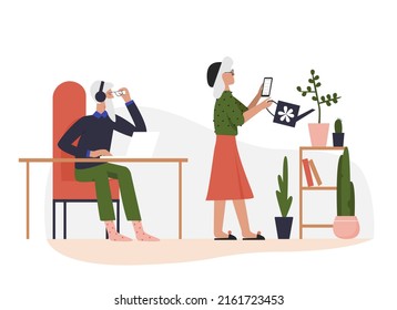 Elderly people using gadgets. Senior couple with modern technologies vector illustration