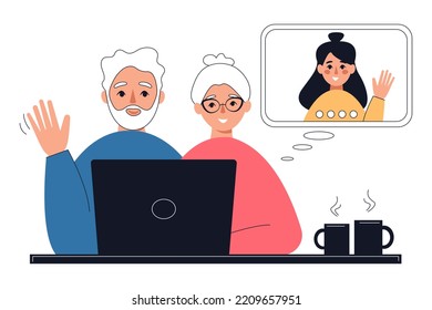 Personas de edad avanzada que usan laptops para comunicarse a través de Internet.  Diversas conversaciones en línea, videoconferencia virtual a distancia. Ilustración plana vectorial.