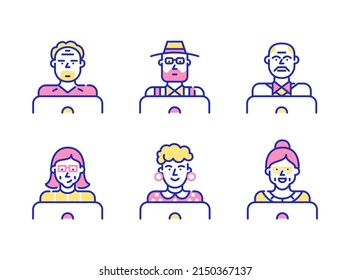 Elderly people using laptop. Working, chatting, learning. Pixel perfect, editable stroke fun color icons set