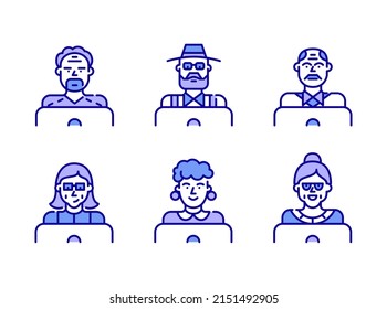 Elderly people using laptop. Working, chatting, learning. Pixel perfect, editable stroke color icons set