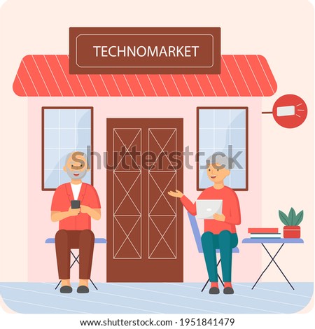 Elderly people are using technologies, surfing internet together against background of techno market