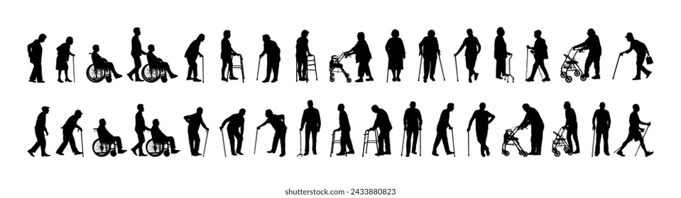 Elderly people using walking aid silhouette set collection. Senior pensioner people walking with walking aids vector silhouette.	