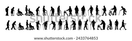 Elderly people using walking aid silhouette set collection. Senior pensioner people walking with walking aids vector silhouette.