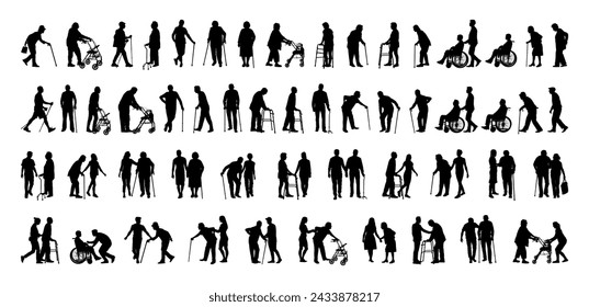 Elderly people using walking aids silhouette set collection. Young person helping senior person using walking aids vector silhouette set.	