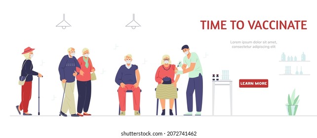 Elderly people vaccination against coronavirus flat vector banner. Senior men and women in face masks getting shot or waiting in line in vaccination center.