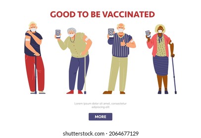 Elderly people vaccination flat vector  motivational banner. Senior men and women in face masks vaccinated holding phones with vaccination certificate.