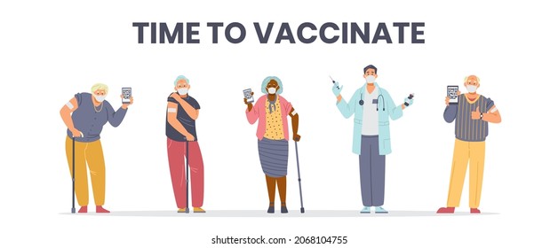 Elderly people vaccination flat vector horizontal banner. Senior men and women in face masks vaccinated holding phones with health passport. Doctor holding vaccine and syringe.