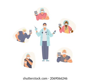 Elderly people vaccination flat vector illustration. Senior men and women in face masks vaccinated holding phones with health passport. Doctor holding vaccine and syringe.