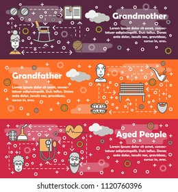 Elderly people vector banner set. Grandmother, Grandfather and Aged people concept thin line art style design elements, web templates.