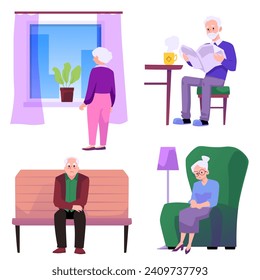 Elderly people, vector illustrations on white background, colored cartoon style. Various scenes with sad and lonely male and female characters. Old men and women in different situations