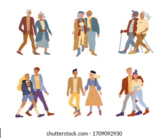 Elderly people versus young generations. Senior man aged woman, teenager girlfriend boyfriend walking. Isolated couple different age set. Youth versus retirement. Maturity, old age, youthfulness