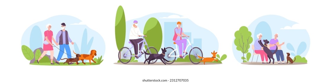 Elderly people walk dogs. Aged married couple walking with dog outdoor summer nature, retirement lifestyle elder beard man and pet activities, cartoon splendid vector illustration