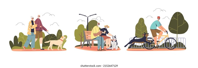 Las personas mayores caminan perros y personajes de caricatura hombres y mujeres mayores con mascotas al aire libre en el parque disfrutan de un estilo de vida activo feliz. Ilustración vectorial plana