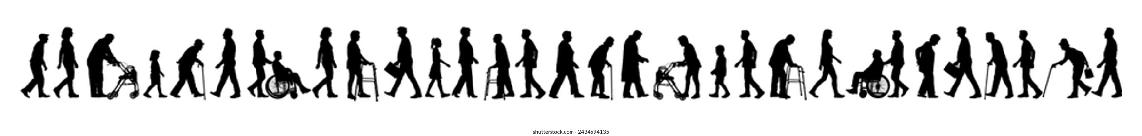 Elderly people with walking aids walking on crowded city street side view vector black silhouettes.	