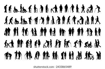 Elderly people with walking aids in row silhouette set collection. Caregiver helping senior person using walking aids vector silhouette set.	