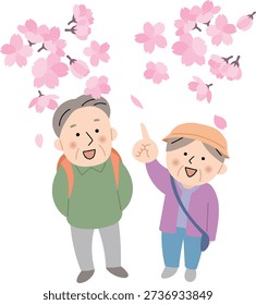 Elderly people walking among the cherry blossoms