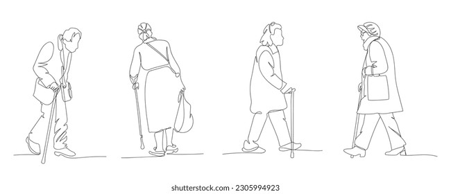 Elderly people walking with canes. Vector illustration in line art style.
