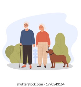 Elderly people walking with dog. Old couple with pet. Modern grandparents outside in the park. Flat vector illustration. Concept of outdoor activity for aged retired pensioner.