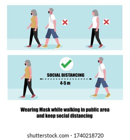 Elderly People Walking And Exercise In Public Area, Park, Street. Wearing Mask While Walking And Keep Social Distancing Due To Coronavirus (COVID-19). New Normal Concept . Flat Vector Illustration. 