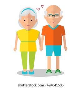 Elderly people walking. Holding hands couple. Love in the family. Healthy lifestyle.Objects isolated on a white background. Flat vector illustration.