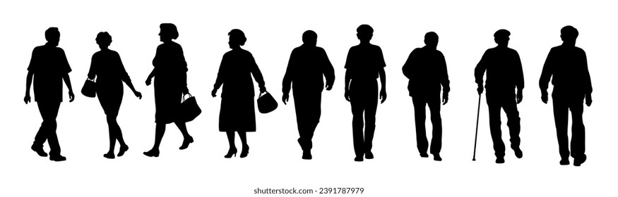 Elderly people walking on street silhouette, silhouettes of moving people crowd on street, man woman walking