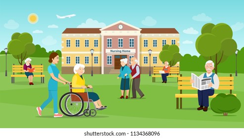 Elderly people are walking in the park. Nursing home building exterior. Vector flat style illustration