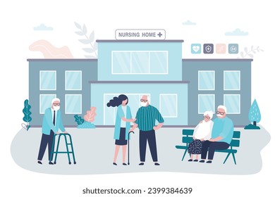 Elderly people are walking in the park. Nursing home building exterior. Nurse help old people to walk in park. Volunteering, support for elderly. Social worker helps aged man. Vector illustration