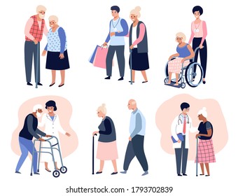 Ancianos caminando, Trabajadora social ayudando a ancianas, 
Abuelo y pareja de abuela. Ilustración vectorial plana