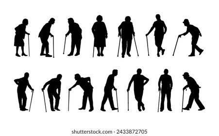 Elderly people with walking stick cane silhouette set vector.	