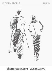 Elderly people walking together, hand drawn vector illustration