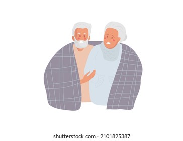 Elderly people warm under large warm blanket. Suffering from cold. Dissatisfied Senior woman and man having problem with central heating. Elderly couple ablaze. Flat vector illustration.