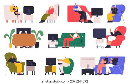 Elderly people watching tv, old characters resting on couch. Senior people watching tv set sitting on couch vector illustration set. Old people home leisure time tv viewing