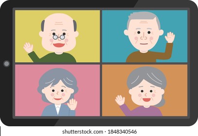 Elderly People Waving Their Hand An Online Meeting On Tablet Or Smartphone. Vector Illustration Isolated On White Background.