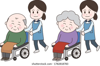 Elderly people in a wheelchair with a caregiver. Vector illustration isolated on white background.