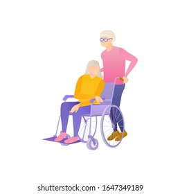 An elderly people in a wheelchair, flat vector illustration. Injured elderly woman in hospital. Older people care about each other in a nursing home at isolated illustration on a white background.