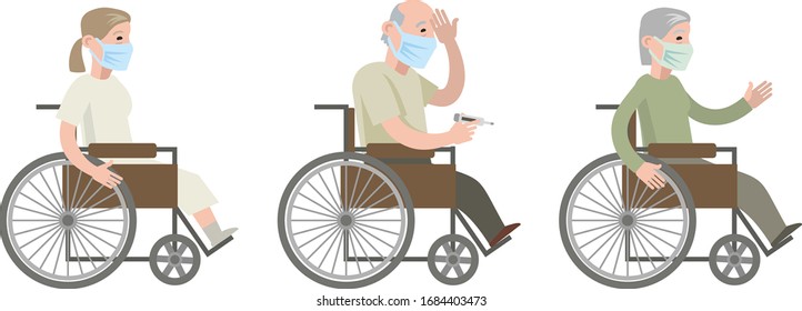 Elderly people in wheelchairs in protective medical masks. A man with a temperature holds a thermometer in his hands. Flat vector illustration.