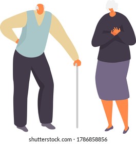 Elderly people woman man character, group sick risk, old male standing walking stick female heart pain isolated on white, cartoon vector illustration. Poor health conditions old people.