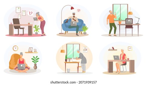 Elderly people working on laptop at home. Old cartoon characters looking at computer monitor set. Senior men and women dealing and working with gadgets. Mastering modern technologies concept