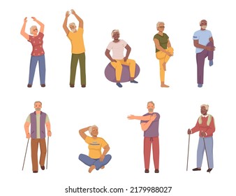 Elderly people working out and doing sports. Senior man and woman exercising, fitness, yoga and aerobics for grandmother and grandfather. Vector illustration, flat cartoon people set