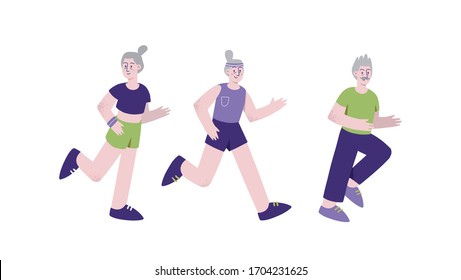 Elderly People Workout. Senior Men and Women Characters Running, Have Fun, Fitness Healthy Lifestyle. Cartoon Flat Vector Illustration