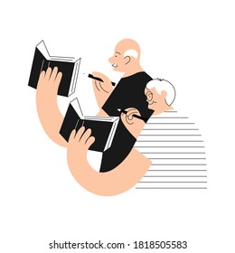 Las personas mayores escriben memorias, componen poesía o estudian. Estilo de vida activo saludable para los abuelos en un simple diseño minimalista de líneas aisladas en el fondo blanco. Ilustración de vectores de arte plano