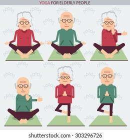 Elderly people yoga lifestyle. Old people do yoga. Vector symbols of isolated illustration on white