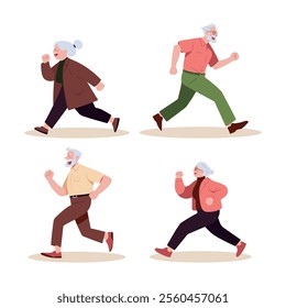 Elderly people's running jogging side view, vector illustrations 
set isolated on white. Senior woman and man character doing sport. Active healthy lifestyle concept. Outdoor running activity.