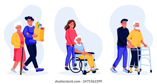 Elderly person assistance, vector flat cartoon illustration. Support and care for senior people. Social work, volunteering concept