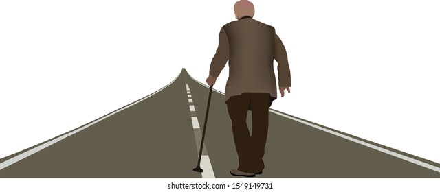 elderly person from behind walks on the road